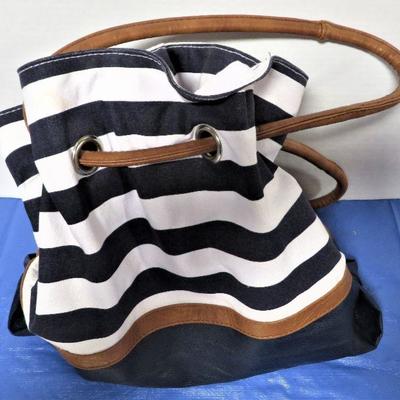BLUE & WHITE Stripe Canvas Tote with Leather Handbag