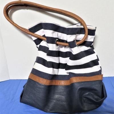 BLUE & WHITE Stripe Canvas Tote with Leather Handbag