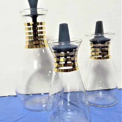 1950's Vintage Pyrex Cruet 3 pc Oil Vinegar Gold Gilt Glass Bottles 