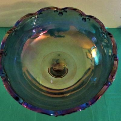 Vintage Blue Carnival Glass Pedestal Garland Teardrop Compote Fruit Bowl Large 7.5
