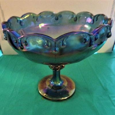 Vintage Indiana Iridescent Blue Carnival Glass Peacock Pedestal Large Bowl Compote Teardrop Garland Pattern with Scalloped Edges