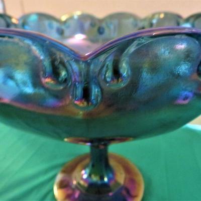 Vintage Blue Carnival Glass Pedestal Garland Teardrop Compote Fruit Bowl Large 7.5