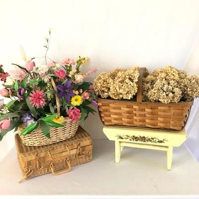 Lot 10 - Baskets, Stool, Faux Flowers and More
