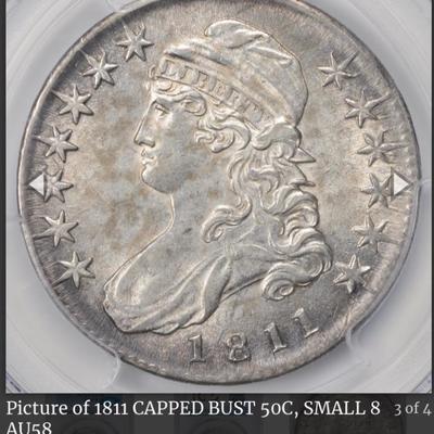 1811 CAPPED BUST 50C, SMALL 8 AU58