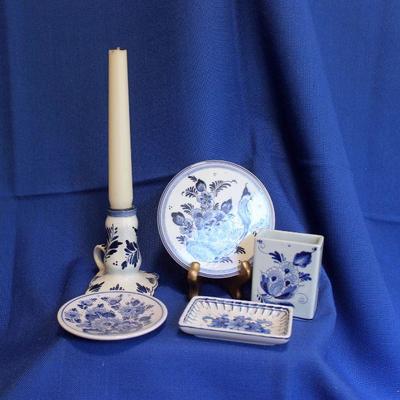 Lot 246: 5 Pieces Delft: Candlestick, Coaster, cigarette server,pin tray and butter pat  $25