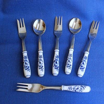 Lot 215: 6 Pc Blue and White Porcelain Forks and Spoons, marked BMF, Germany  $18
