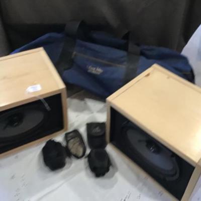 #s62.  Large duffel bag, two wooden case speakers and miscellaneous