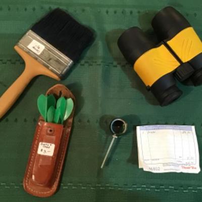 #a139.  Scope, 7 x 35 binoculars, darts and brush