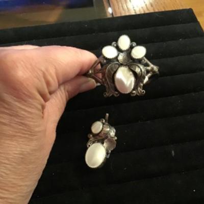 #z20.  Mother of pearl/silver bracelet, ring, pendant