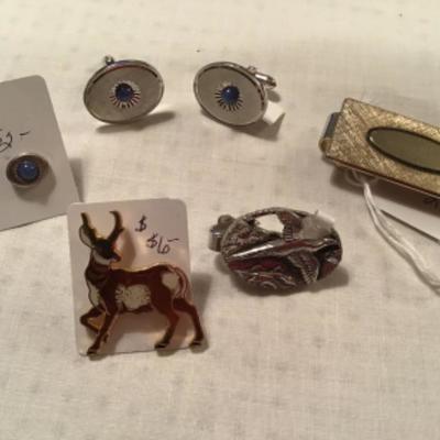 #z28.  Cufflinks, tie tacks, deer pin and money clip