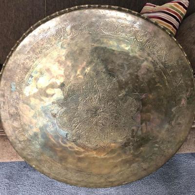 Vintage Brass Hammered Tray Table Hand Tooled Brass Middle Eastern 