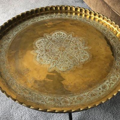 Vintage Brass Hammered Tray Table Hand Tooled Brass Middle Eastern 