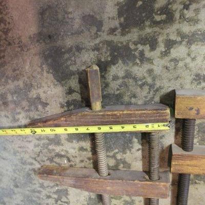 14-Antique Wood Carpenter Clamps w/ Wood Turn Screws (2) Unmarked 