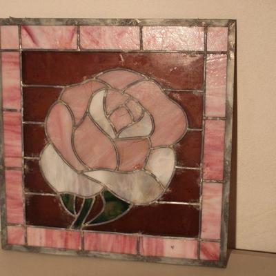 15-Large Wall Art Window-Pink and Burgundy Rose Stained Glass 