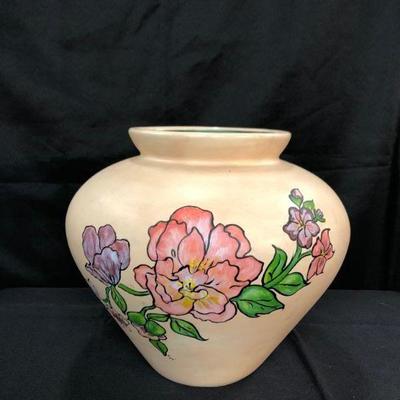 Terra Cotta Pot / Vase, pink and purple flowers signed