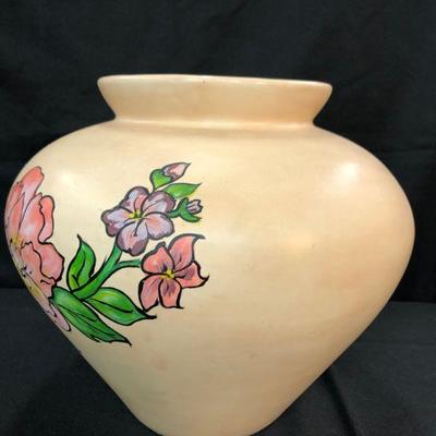 Terra Cotta Pot / Vase, pink and purple flowers signed
