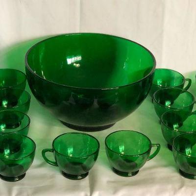 Vintage Glass Punchbowl set, green