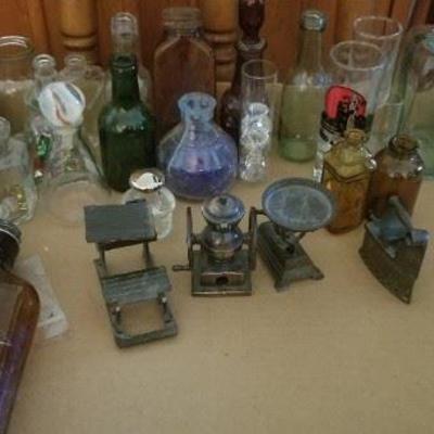 Box lot of bottles, grinder and scale