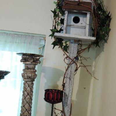 HOME DECOR LOT: Bird House - Candle Holders - tall and short