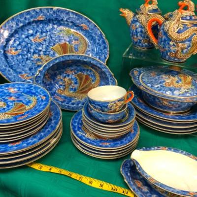 Vintage Japanese Blue Moriage Dragon Ware China Set