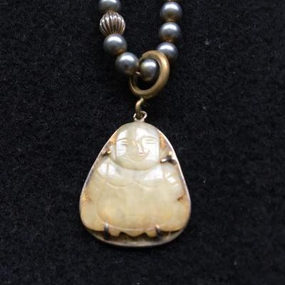 Antique Jade Buddha Pendant with Silver Beaded Necklace