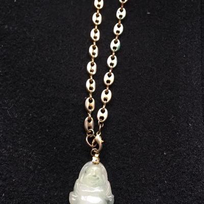 Antique Jade Buddha Pendant with Gold Link Necklace