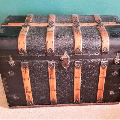 Lot #8  Antique Steamer Trunk with wooden strapping