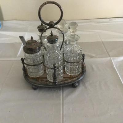 L-121 Cruet set/ condiment set,Silver plate, glass bottle, porcelain vase