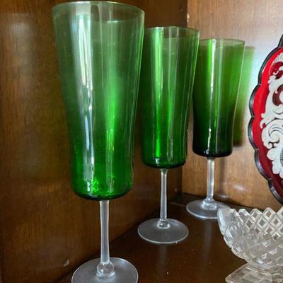 Six Green Crystal Glasses