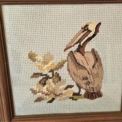 Lot #24  Two Pieces - Needlepoint Pelican and Embroidered Pelican - framed
