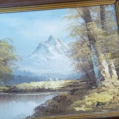 #112 Small signed oil painting of mountain scape 