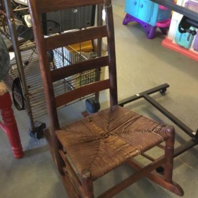 2 Wood and upholstered chairs and 1 wooden rocker Lot 1113