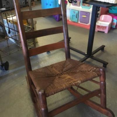 2 Wood and upholstered chairs and 1 wooden rocker Lot 1113
