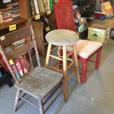 assorted chairs (3) 2 chairs and 1 stool (wood) Lot 1114