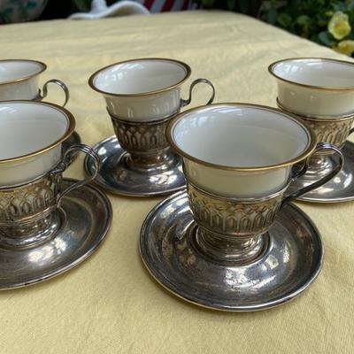 5 Sterling Lenox Porcelain Demitasse Tea Cups and Plates
