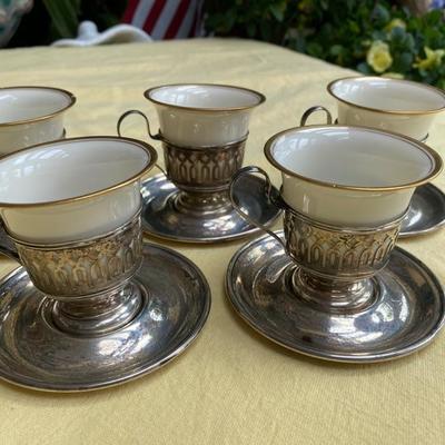 5 Sterling Lenox Porcelain Demitasse Tea Cups and Plates