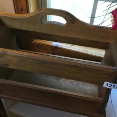 Wooden magazine rack and vase of artificial flowers lot number 1212