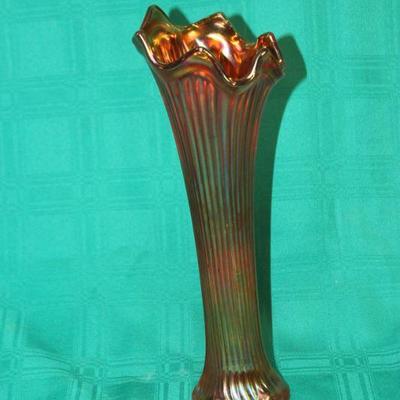 Fluted Orange Amberina Carnival Glass Vase 