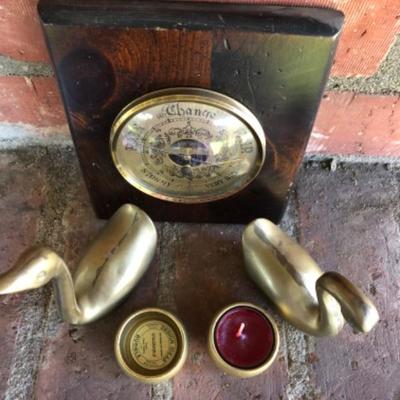 Vintage brass lot ducks, candleholder and weather gauge