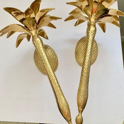 LOT 32 Pair of brass palm tree candle sconces 