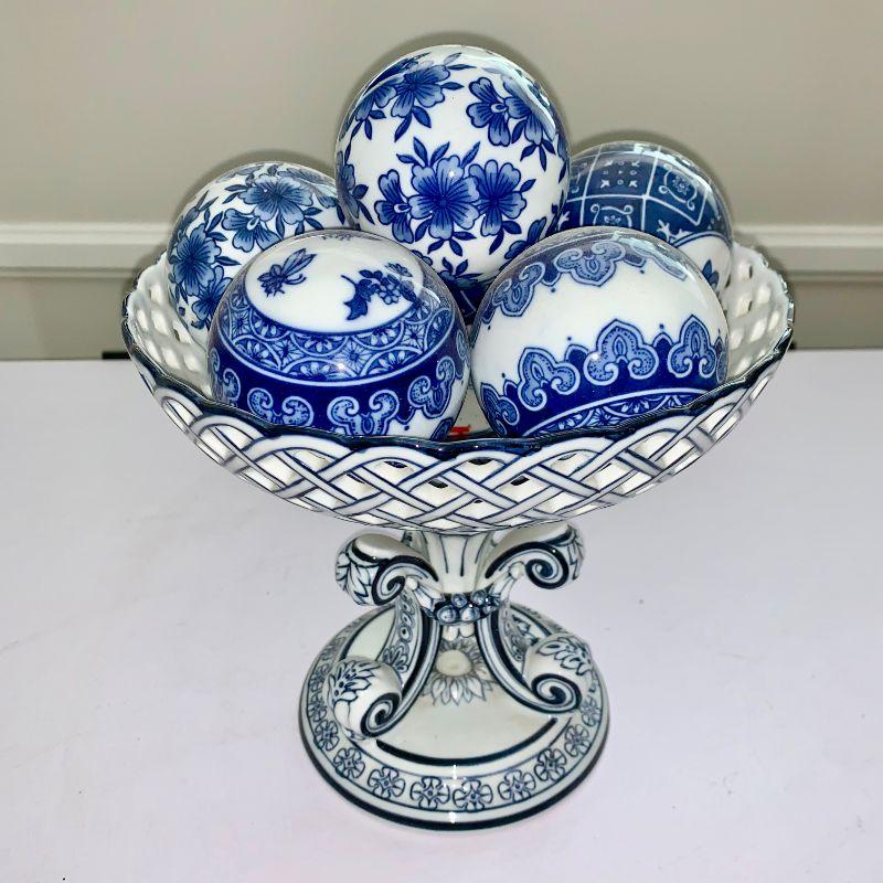 LOT 37 Blue and white ceramic bowl with ceramic balls
