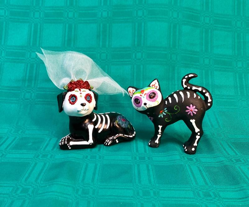 Cat & dog Figurines, 4” high, dressed for Day of the Dead