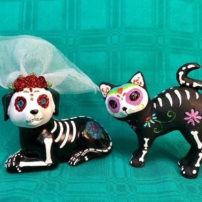 Cat & dog Figurines, 4” high, dressed for Day of the Dead
