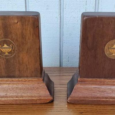 Vintage Heavy Wood Book Ends with Inlay Design