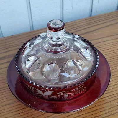 Vintage Cranberry Glass Lidded Bowl
