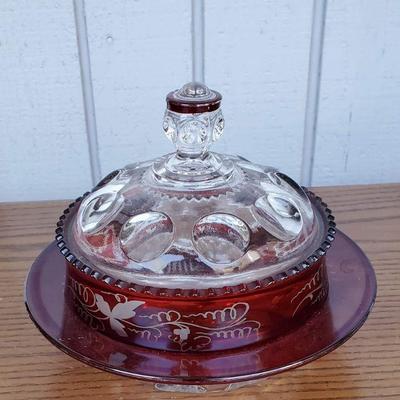 Vintage Cranberry Glass Lidded Bowl