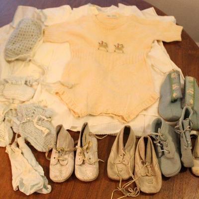 #30 Lot Antique Vintage  Baby Shoes & Clothing, Gowns, Hat, Knit Outfit