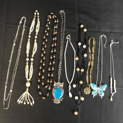 Vintage Costume jewelry lot, necklaces owl & butterfly