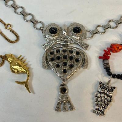 Vintage Costume Jewelry lot, owls and prehistoric looking fish