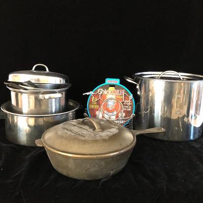 Lot 110 - Lodge Cast Iron Fryer, Pots and More
